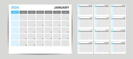 Monthly calendar template for 2024 year. Editable text calendar 2024. Wall calendar in a minimalist style. Week Starts on Sunday. Planner for 2024 year.