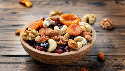 Nuts and dried fruit mix, healthy and wholesome food. Vintage wooden background, selective focus