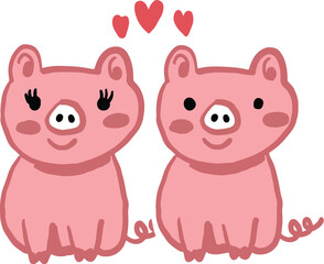 Cute pigs with hearts for Valentine’s Day. Concept of cartoon style animal couple in love. Drawings for invitation, cards, poster. Vector illustration