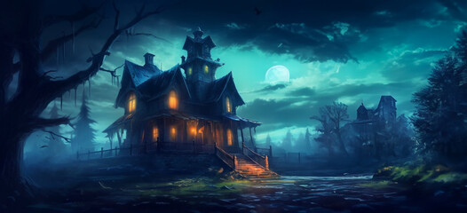 Halloween black castle in full moon night scene. AI Generative.