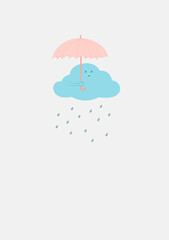 Cloud holding umbrella and rain drops background design