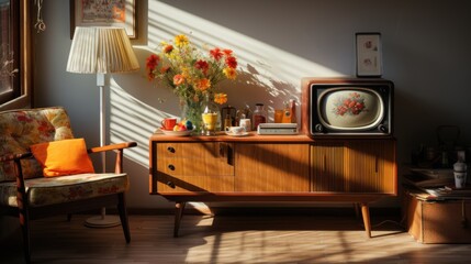  Retro living room design with old television, cabinet and radio along with work area with typewriter