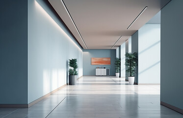 Fototapeta premium Business office interior with private rooms and corridor, mockup wall on empty space for text. Generative AI.