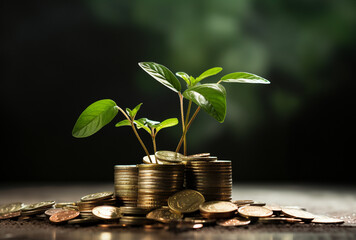 Investment Concept, Plant Growing In Savings Coins Money, Business Development, AI Generative.