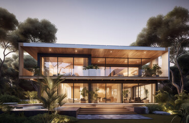 Obraz premium A mockup of a luxury house with solar panels and a shaded facade. AI Generative.