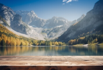 Empty wooden table decorated with meadow blurred lake and mountain view background. AI Generative.