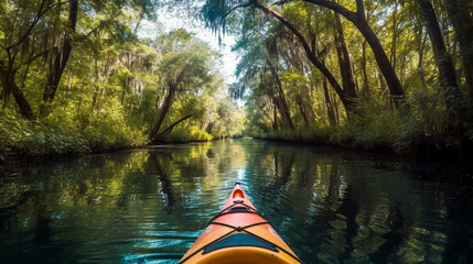 illustration of summer water sports kayaking in a quiet river Surrounded by lush greenery. AI Generative.