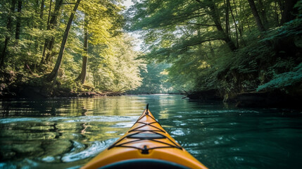 Fototapeta premium illustration of summer water sports kayaking in a quiet river Surrounded by lush greenery. AI Generative.