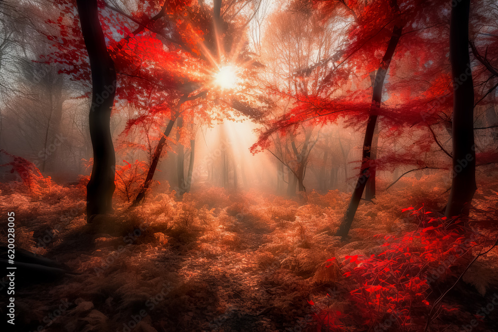Poster Foggy autumn forest with red trees and rays of light. Generative AI