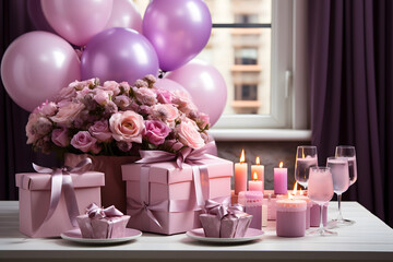 birthday party balloons,  colourful balloons background and birthday cake with candles 