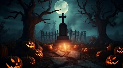Halloween pumpkin in graveyard with full moon night, with space for text. Generative AI.