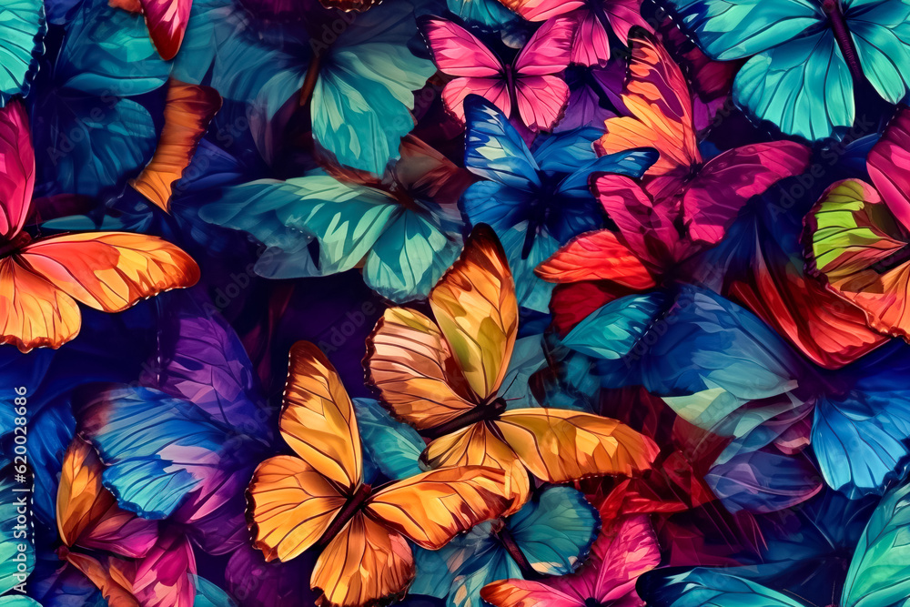 Aufkleber seamless pattern of multicolored butterflies on a dark background. generative ai