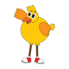 Yellow feather bird cartoon character wearing red shoes isolated on white background