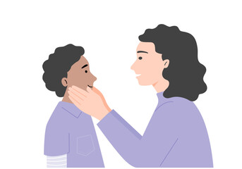 Mother and boy talking and smiling with happy emotion, flat vector illustration.