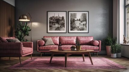 Modern living room illustration with sofa  and vintage art prints. AI Generative.