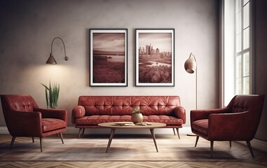 Modern living room illustration with sofa  and vintage art prints. AI Generative.