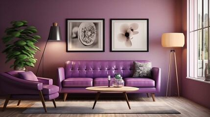 Modern living room illustration with sofa  and vintage art prints. AI Generative.