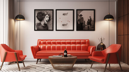 Modern living room illustration with sofa  and vintage art prints. AI Generative.