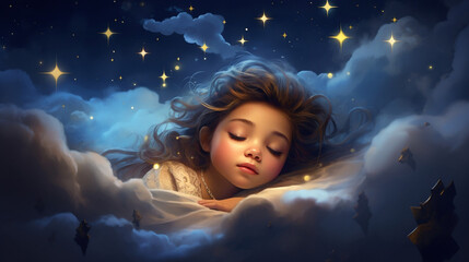 Obraz na płótnie Canvas An attractive little girl sleeping in the clouds. Created with Generative AI 