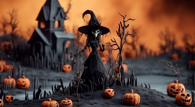Skeleton witch with black castle on small hill and grave Halloween festival concept. AI Generative.