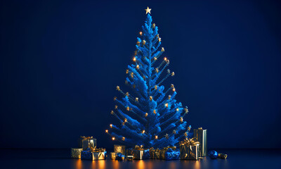 Blue Christmas tree on a blue background with golden decorations and gifts, a banner for the new year