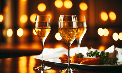 Glasses of champagne in a romantic, luxurious restaurant atmosphere, defocused golden background