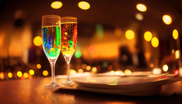 Two glasses of champagne in a romantic, luxurious restaurant atmosphere, unfocused golden background