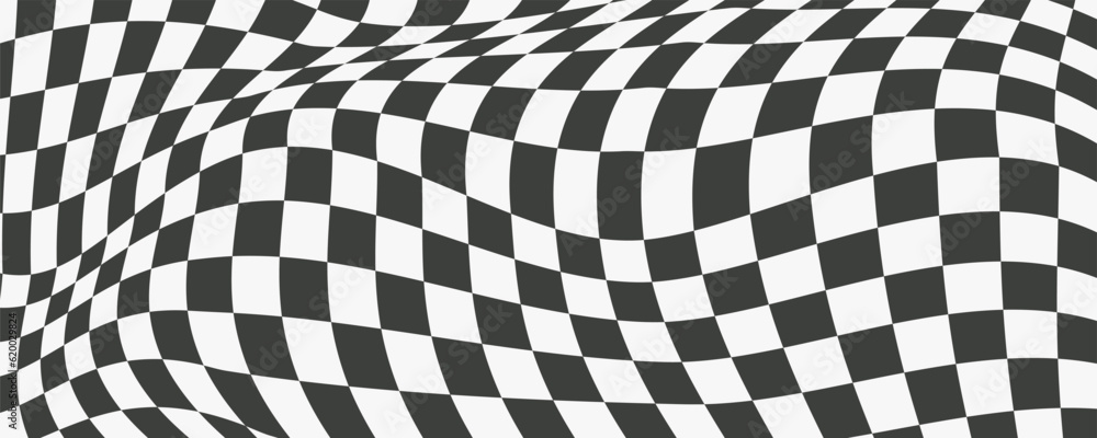 Poster checkerboard wavy pattern. abstract chess square print. black and white psychedelic optical illusion