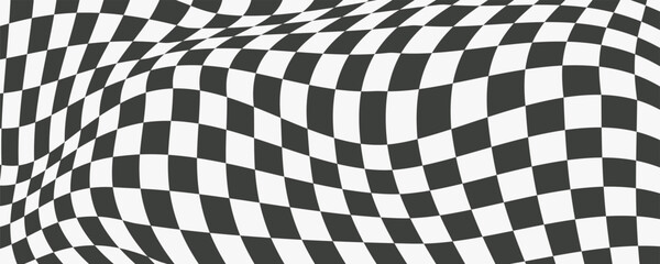 Checkerboard wavy pattern. Abstract chess square print. Black and white psychedelic optical illusion. Warped flag with geometric graphic. Y2k design for banner