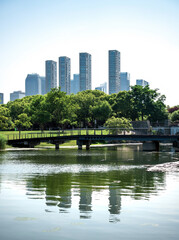 Fototapeta premium Beautiful city buildings reflected in the water