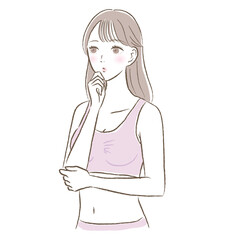 ナイトブラ/ノンワイヤーブラ姿で考えるポーズの若い女性のイラスト