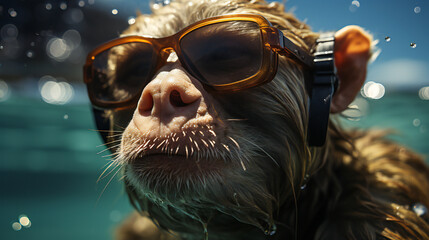 海や山でレジャーを楽しむサングラスをかけた猿