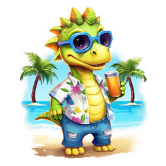 Naklejka premium Cute Dinosaur wearing a Hawaiian shirt on the beach isolated on Transparent Background.