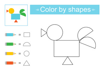 Coloring pages. Color by shapes. Vector illustration of cartoon rooster.