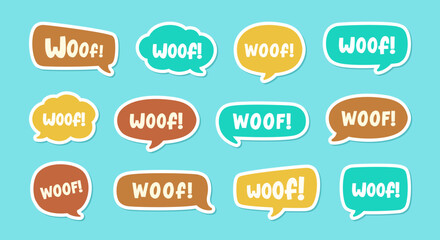 Woof text in a speech bubble balloon set, digital sticker design. Cute cartoon comics dog bark sound effect and lettering. Textured vector illustration.
