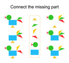 Connect the missing part. Task for the development of attention and logic. Vector illustration of the cartoon rooster.