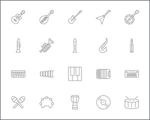 Simple Set of music instrument Related Vector Line Icons. Vector collection of sound, piano, guitar, accordion, oboe, saxophone, drum, marimba, xylophone and design elements symbols