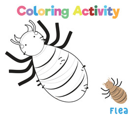 Obraz premium Coloring a cute flea. A colouring page of the insect. Coloring activity for preschool and kindergarten children. Printable educational printable coloring worksheet. Vector file.