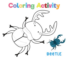 Coloring a cute beetle. A colouring page of the insect. Coloring activity for preschool and kindergarten children. Printable educational printable coloring worksheet. Vector file.
