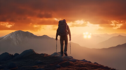 Man hiking on a sunny summer day reaching the top of a beautiful panoramic landscape,Genertive AI