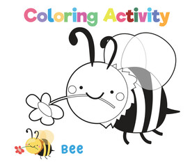 Coloring a cute bee. A colouring page of the insect. Coloring activity for preschool and kindergarten children. Printable educational printable coloring worksheet. Vector file.