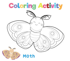Coloring a cute moth. A colouring page of the insect. Coloring activity for preschool and kindergarten children. Printable educational printable coloring worksheet. Vector file.