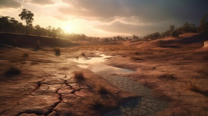 A dried river and dying plants in summer, Drought, and water crisis. An impact of climate change. Generative AI