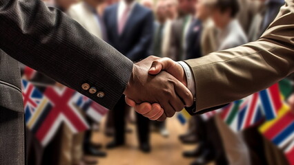 Obraz na płótnie Canvas Leaders shaking hands at an international conference, reflecting relations and diplomacy between countries.