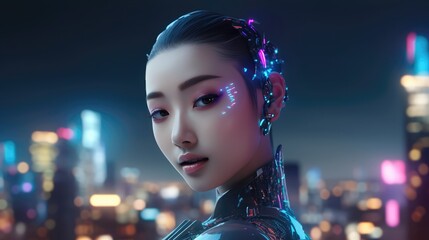 Portrait of a female cyborg with human-face like. Artificial intelligence and human coexistence. Humanoid robot. Coming future world. Generative AI