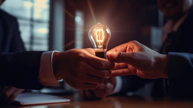 Two men's hands holding a big glowing light bulb representing great ideas to be used or applied. A moment of sharing clarity, understanding, and opportunities. Generative AI