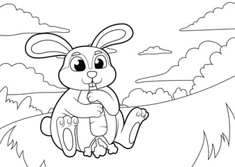 Cartoon cute Rabbit eating Carrot Coloring Page, Kids Coloring Book, Vector Line Drawing Black and White Illustration