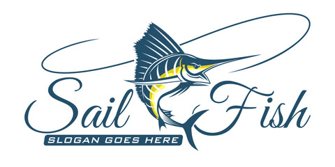 fishing logo sail fish , jumping fish logo design template vector illustration