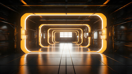 Sci Fi Futuristic Alien Spaceship Industrial Metal Concrete Glossy Hangar Tunnel Corridor Yellow Laser Lights Showroom Realistic 3D Rendering