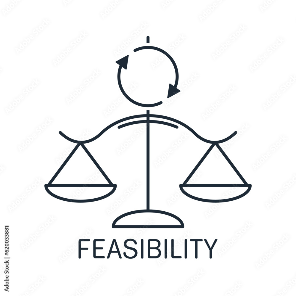 Poster weighing bowls and rotating change arrow. feasibility. vector linear icon isolated on white backgrou
